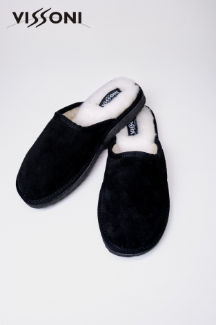 Мъжки чехли от естествена агнешка кожа - цвят Черен