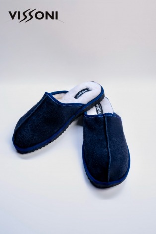 Мъжки чехли от естествена агнешка кожа - цвят Синьо тъмно