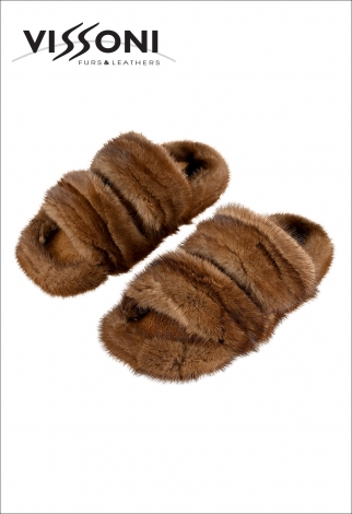 Дамски чехли от норка - натурално кафяво