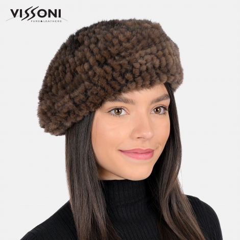 Дамска барета от естествен косъм на норка - Махагон