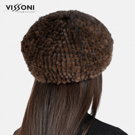 Дамска барета от естествен косъм на норка - Махагон
