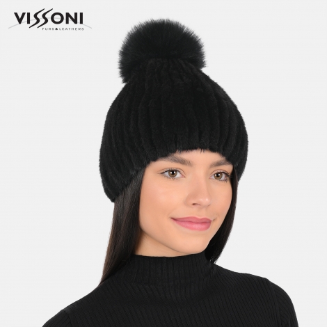 Дамска шапка от естествен косъм на норка с помпон от лисица - Черна