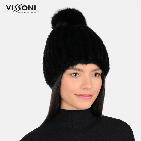 Дамска плетена шапка от естествен косъм на норка с помпон от лисица - Черна