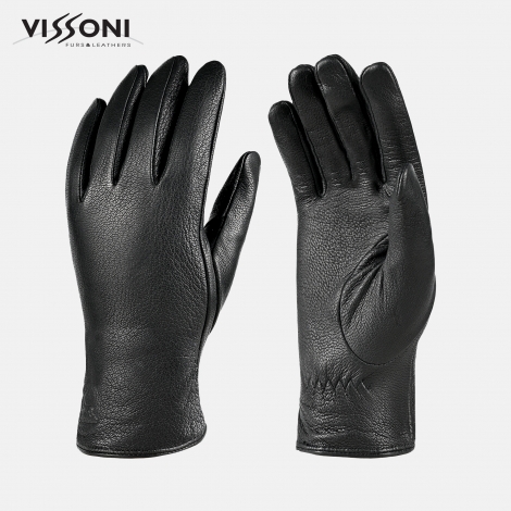 Дамски кожени ръкавици от еленова кожа изчистен модел - Черни