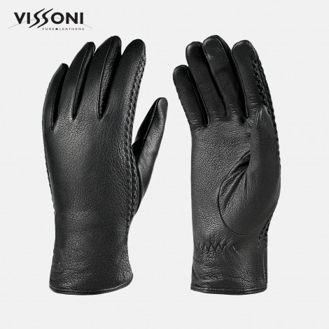 Дамски кожени ръкавици от еленова кожа с два декоративни шева - Черни