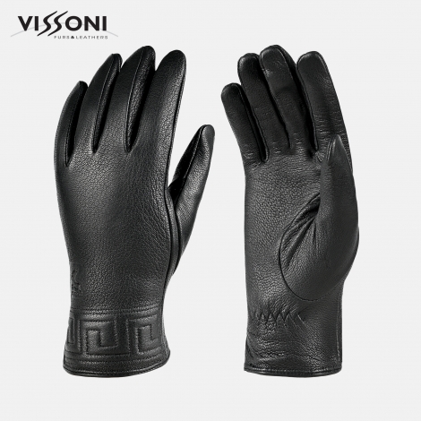 Дамски кожени ръкавици от еленова кожа с декоративен борд - Черни