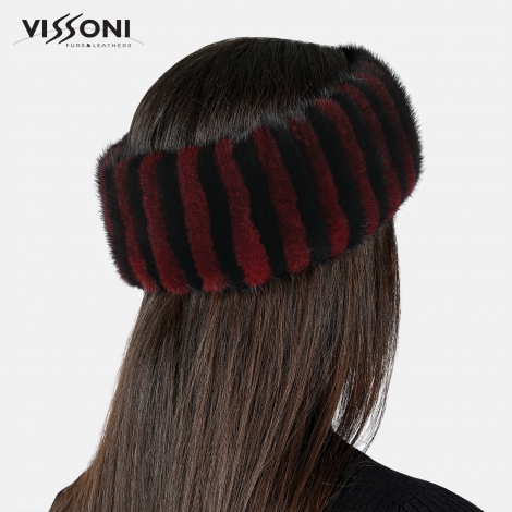 Луксозна лента за глава от естествен косъм на норка - Черна/Бордо