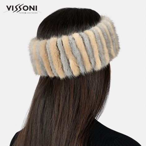 Луксозна лента за глава от естествен косъм на норка - Светло сива/Бежава