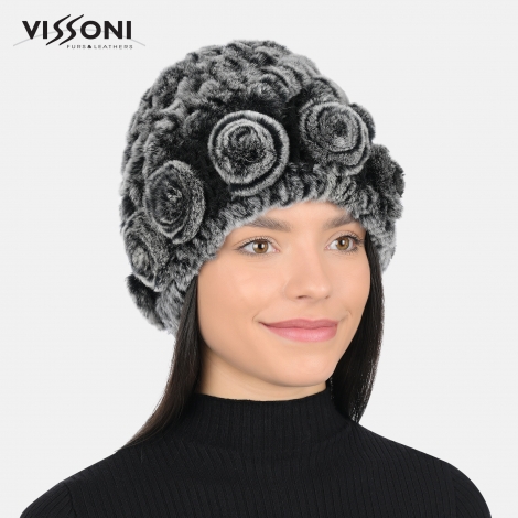 Дамска шапка от естествен косъм на Rex Chinchilla с рози