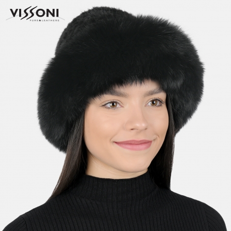 Дамска шапка от естествен косъм на норка с борд от лисица - Черна