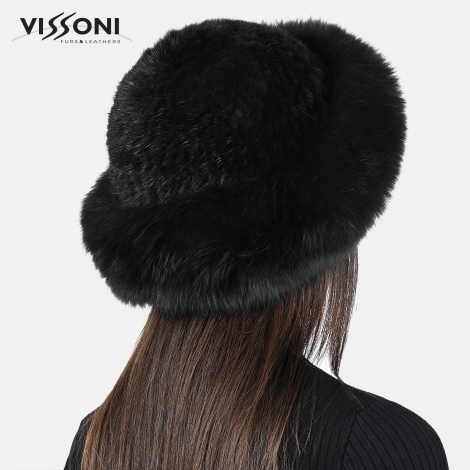 Дамска шапка от естествен косъм на норка с борд от лисица - Черна
