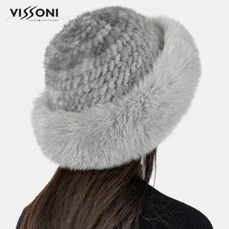 Дамска шапка от естествен косъм на норка с борд от лисица - Сива