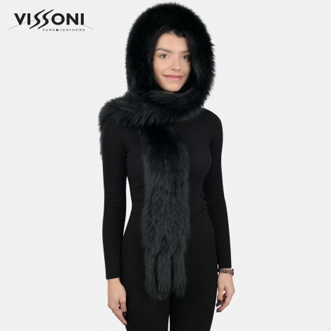 Дамска качулка-шал от естествен косъм на лисица - Черна