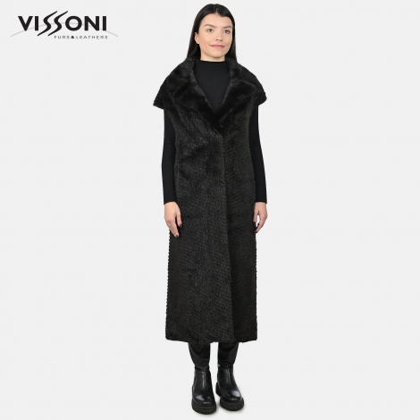 Дамска дълга жилетка от естествен косъм Норка - Махагон