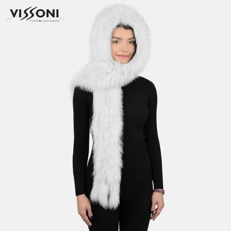 Дамска качулка-шал от естествен косъм на лисица - Светло сива