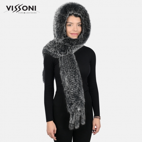 Дамска качулка-шал от естествен косъм на лисица - Ice Black