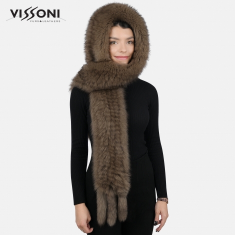 Дамска качулка-шал от естествен косъм на лисица - Кафява