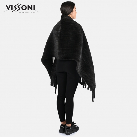 Дамски шал с джобове от естествен косъм на Норка - Черен