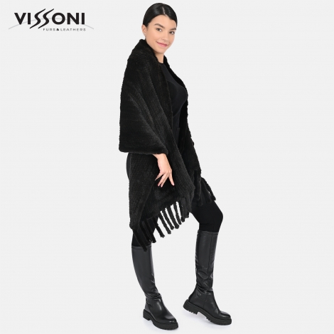 Дамски шал с джобове от естествен косъм на Норка - Черен