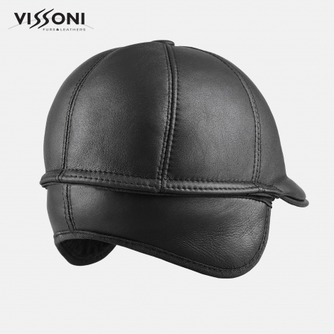 Мъжки кожен каскет от агнешка кожа - Черна