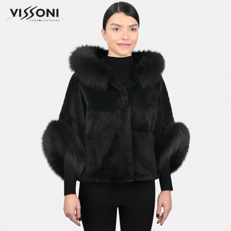 Дамско палто от висококачесвен Испански заек с акценти от лисица - Черно