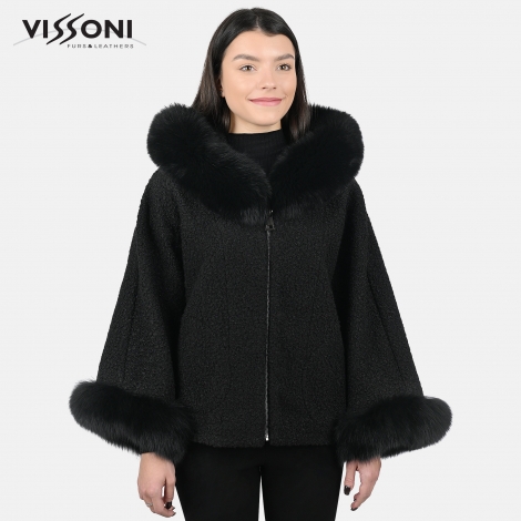 Дамско елегантно палто от Алпака с акценти от лисица - Черна