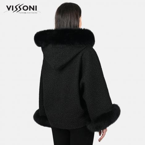 Дамско елегантно палто от Алпака с акценти от лисица - Черна