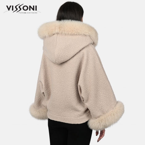 Дамско елегантно палто от Алпака с акценти от лисица - Екрю