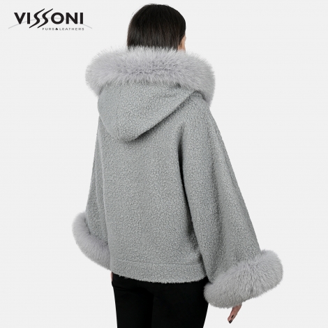 Дамско елегантно палто от Алпака с акценти от лисица - Сив