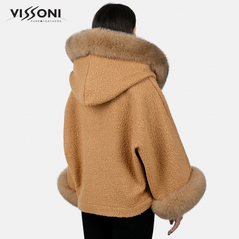 Дамско елегантно палто от Алпака с акценти от лисица - Камел