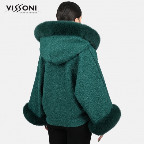 Дамско елегантно палто от Алпака с акценти от лисица - Зелен
