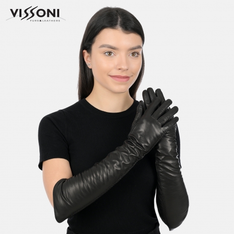 Дълги кожени ръкавици с два декоративни шева - черни