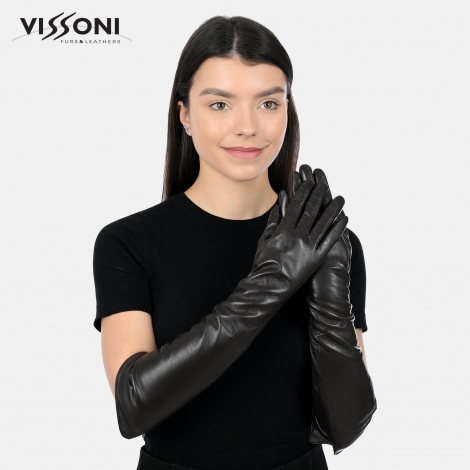 Дълги кожени ръкавици изчистен модел - черни