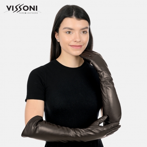 Дълги кожени ръкавици изчистен модел - кафяв