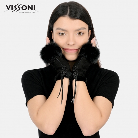 Дамски ръкавици без пръсти от естествена агнешка кожа - Черни