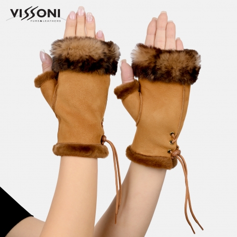 Дамски ръкавици без пръсти от естествена агнешка кожа - Таба